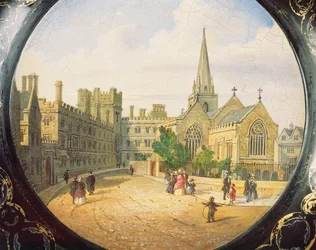 Viktoriánský podnos na karty zdobený výjevem z Pembroke College v Oxfordu a kostela svatého Aldata (papírmašé)